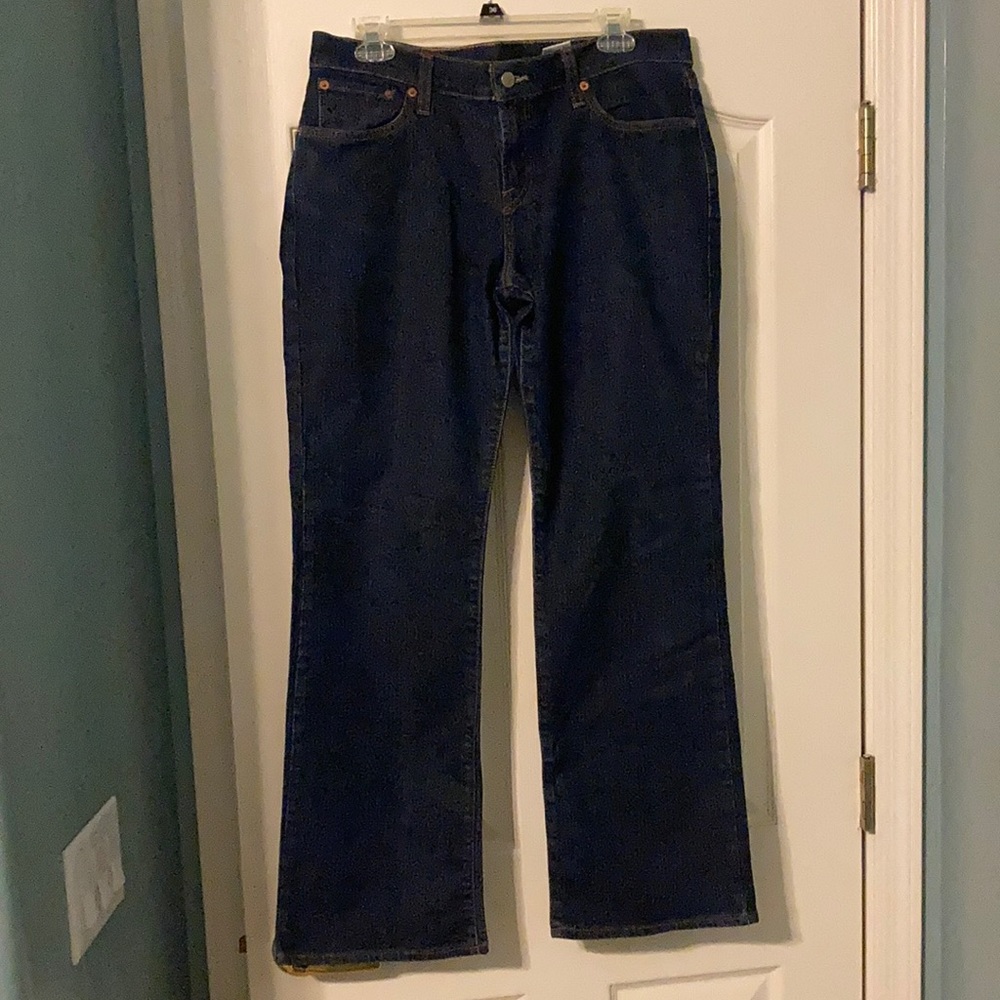Mid rise regular length wide leg dark wash jeans